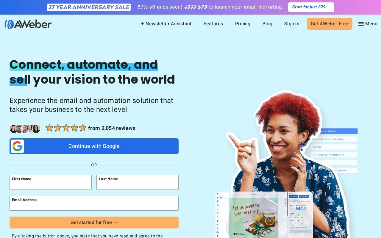 Screenshot of the AWeber website