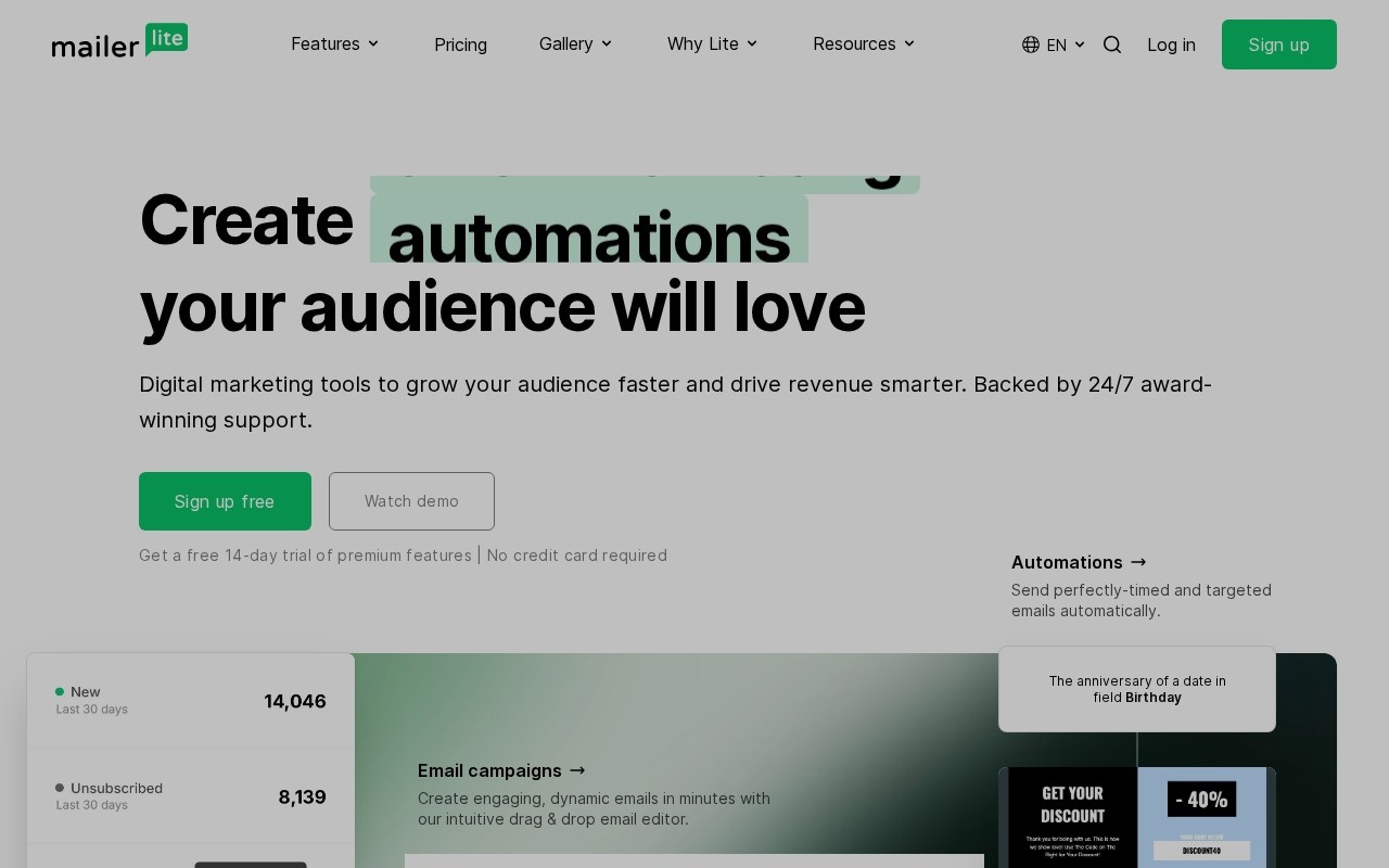 Screenshot of the MailerLite website