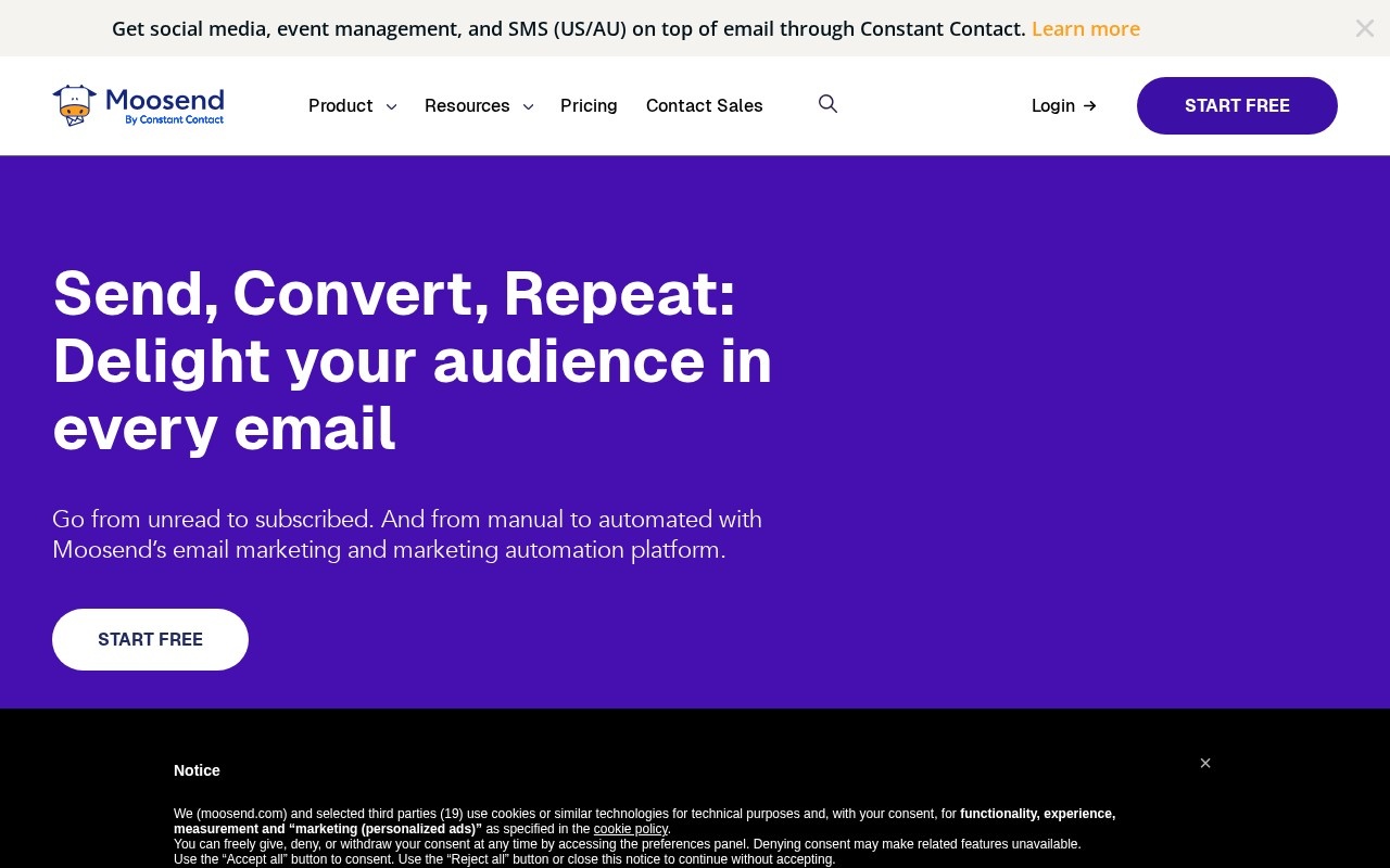 Screenshot of the Moosend website