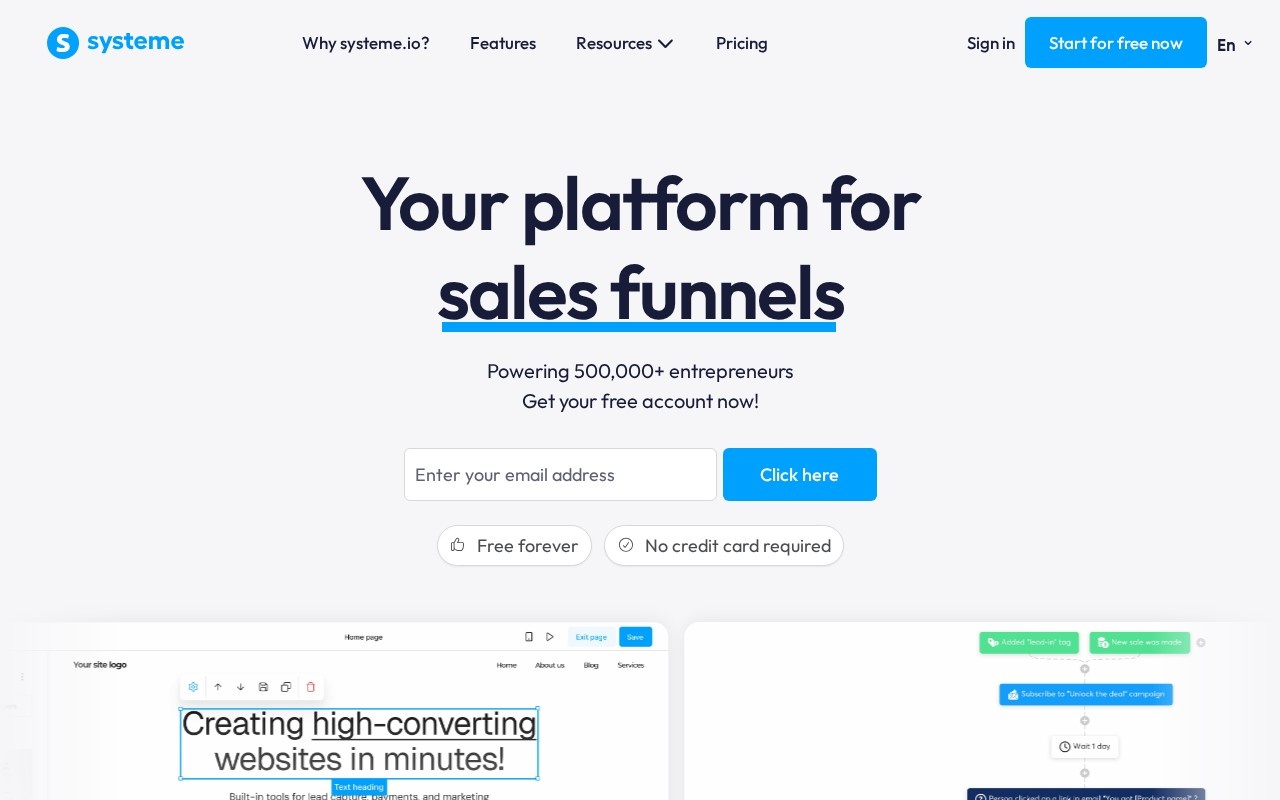 Screenshot of the Systeme.io website